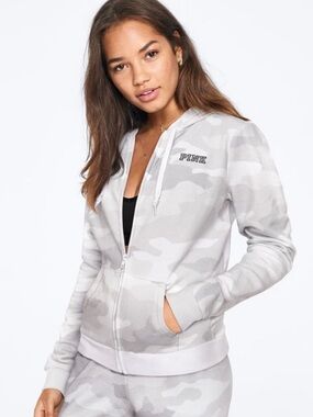 PINK VICTORIA’S SECRET FULL ZIP HOODIE GLACIER GRAY CAMOUFLAGE SZ M